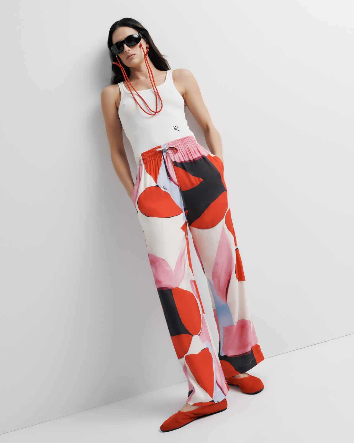 June Pant – elastic waist pant with drawcord and artistic print by Anne Marie Jackson for Romy The Brand