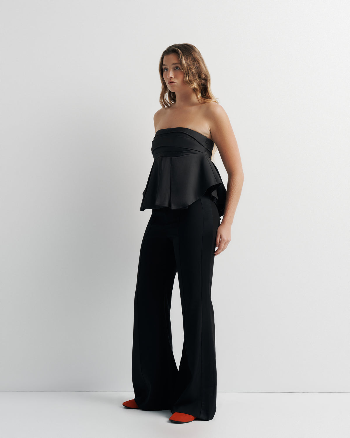 Bella Bustier in black, front view on model, full length.