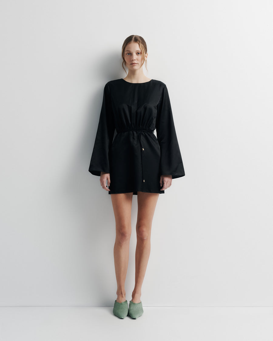 Piper Dress – cotton–silk blend mini dress with belle sleeves, open back tie, and bead detailing by Romy The Brand