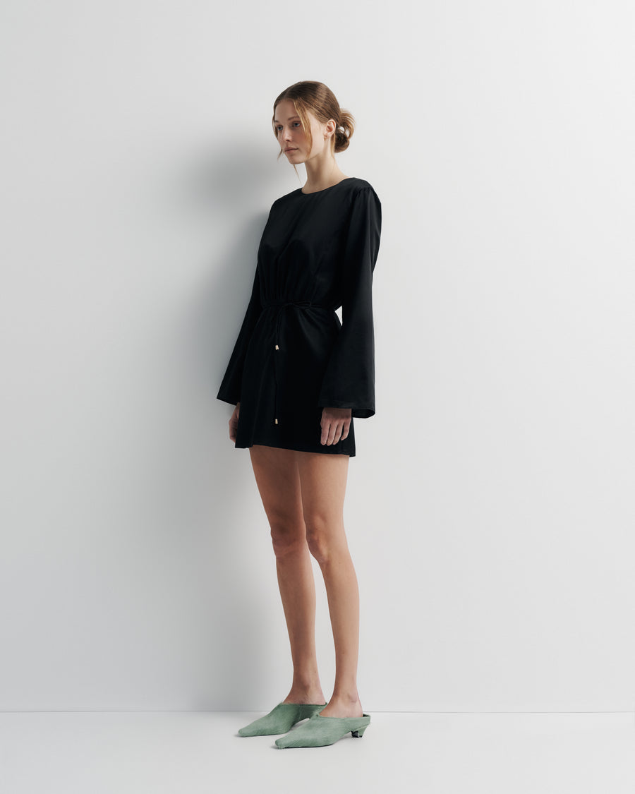 Piper Dress – cotton–silk blend mini dress with belle sleeves, open back tie, and bead detailing by Romy The Brand