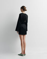 Piper Dress – cotton–silk blend mini dress with belle sleeves, open back tie, and bead detailing by Romy The Brand