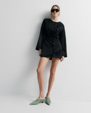 Piper Dress – cotton–silk blend mini dress with belle sleeves, open back tie, and bead detailing by Romy The Brand