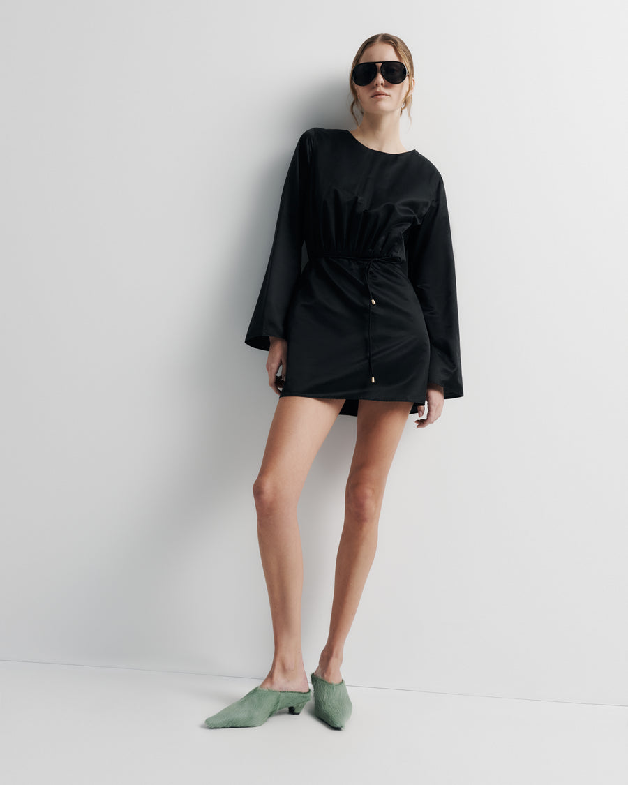 Piper Dress – cotton–silk blend mini dress with belle sleeves, open back tie, and bead detailing by Romy The Brand