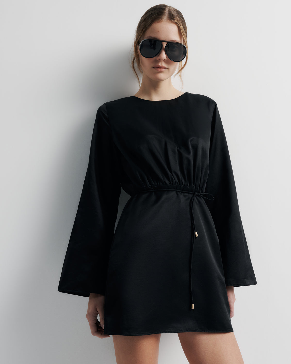 Piper Dress – cotton–silk blend mini dress with belle sleeves, open back tie, and bead detailing by Romy The Brand