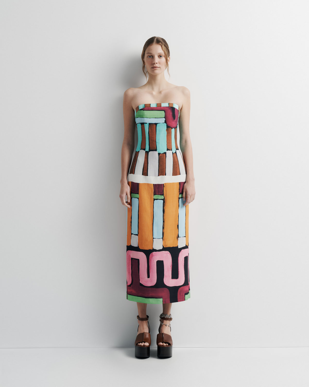 Luna Dress in hand-painted print, front view on model.