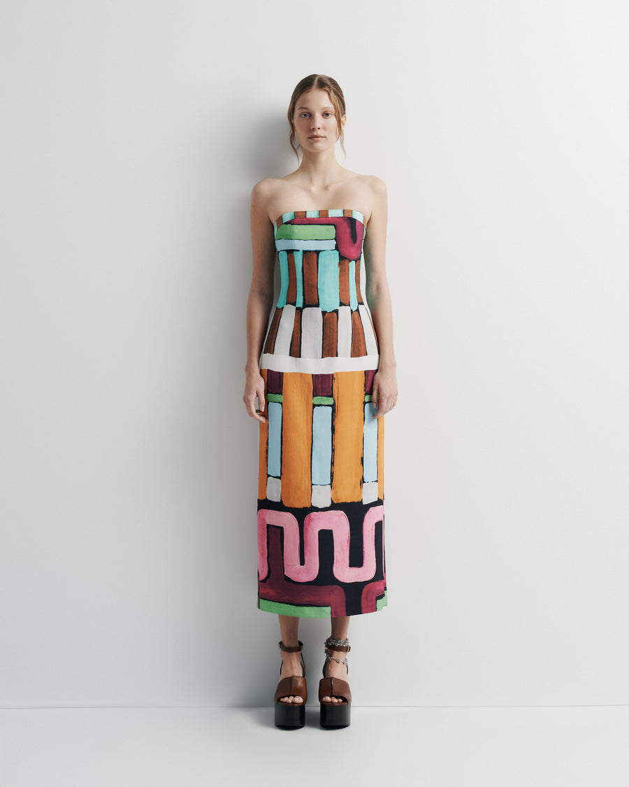 Luna Dress – strapless column midi dress with hand-painted Summer ’26 print by Romy The Brand