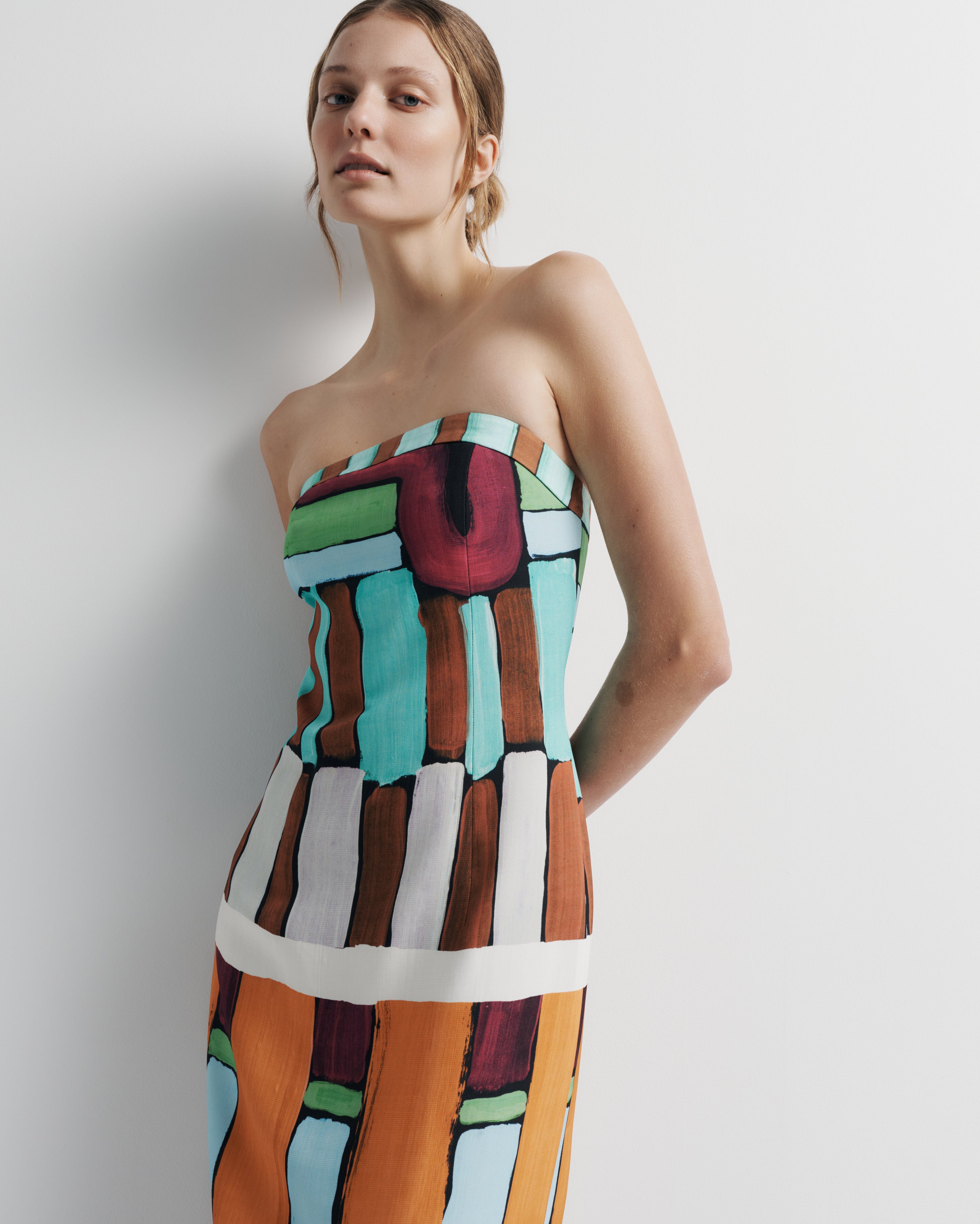 Luna Dress – strapless column midi dress with hand-painted Summer ’26 print by Romy The Brand