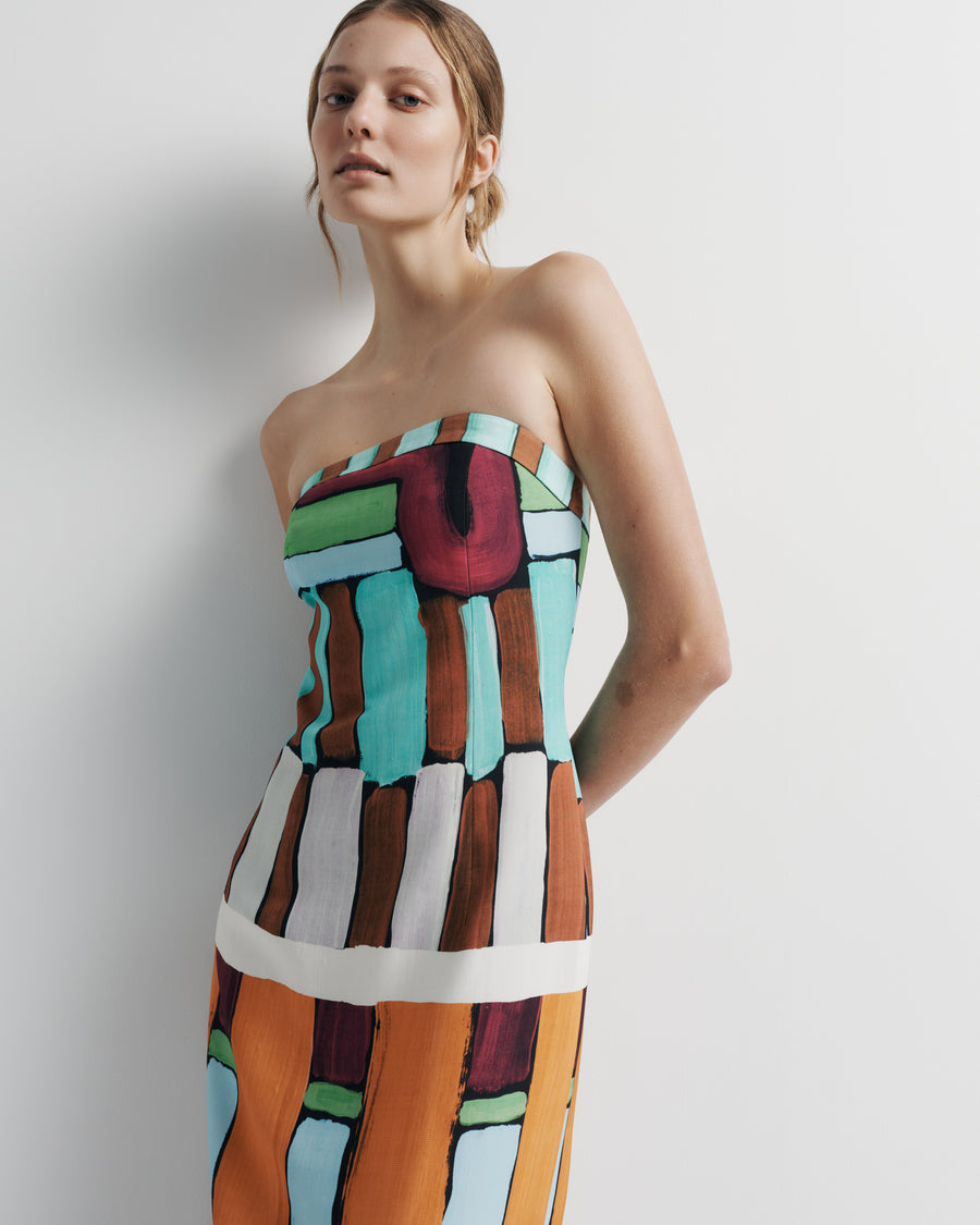 Luna Dress – strapless column midi dress with hand-painted Summer ’26 print by Romy The Brand