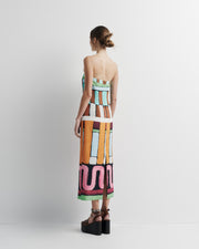 Luna Dress – strapless column midi dress with hand-painted Summer ’26 print by Romy The Brand