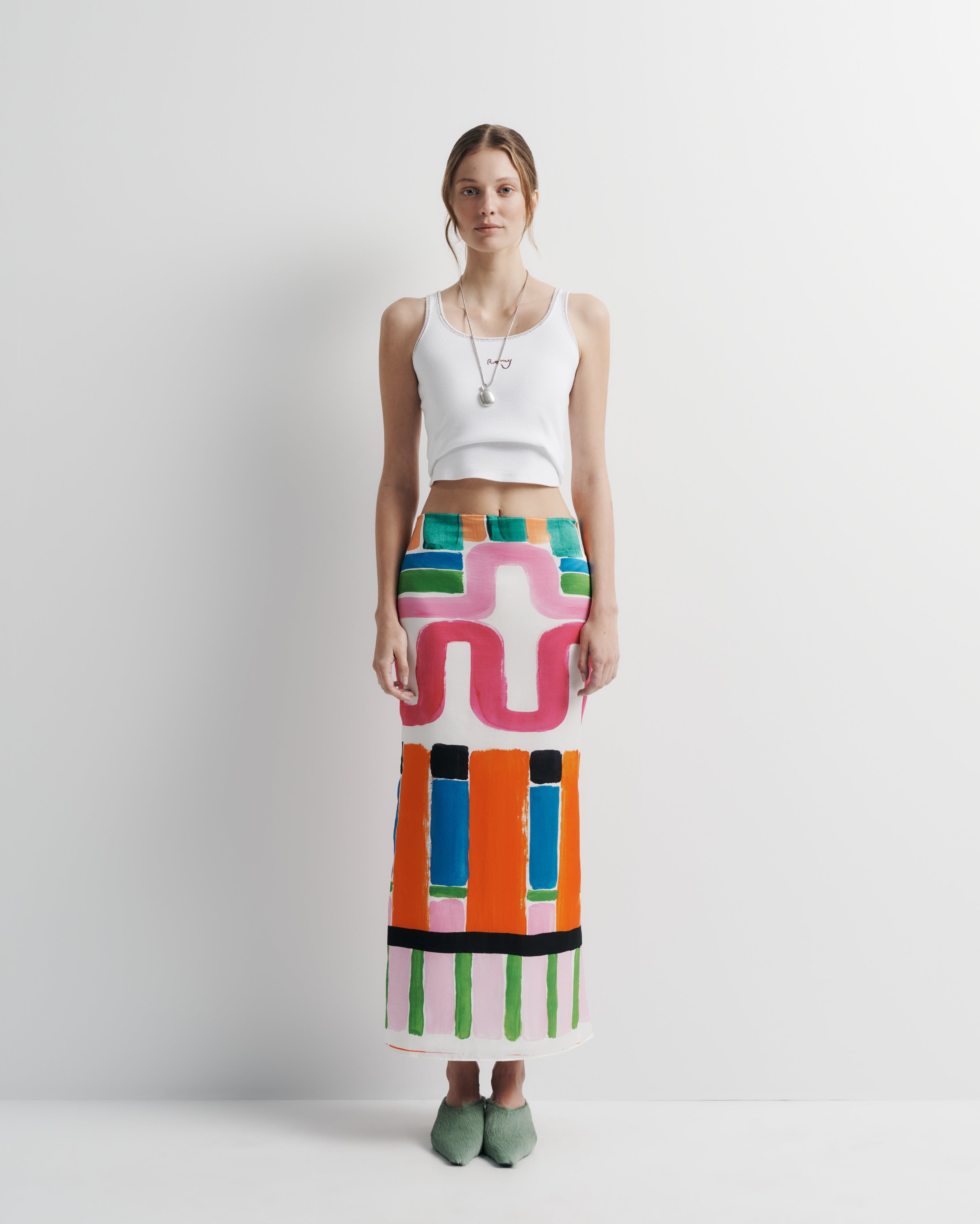 Olive Skirt – cotton–silk blend maxi skirt with back split and hand-painted Summer ’26 print by Romy The Brand