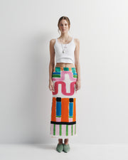 Olive Skirt – cotton–silk blend maxi skirt with back split and hand-painted Summer ’26 print by Romy The Brand