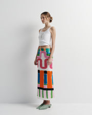 Olive Skirt – cotton–silk blend maxi skirt with back split and hand-painted Summer ’26 print by Romy The Brand