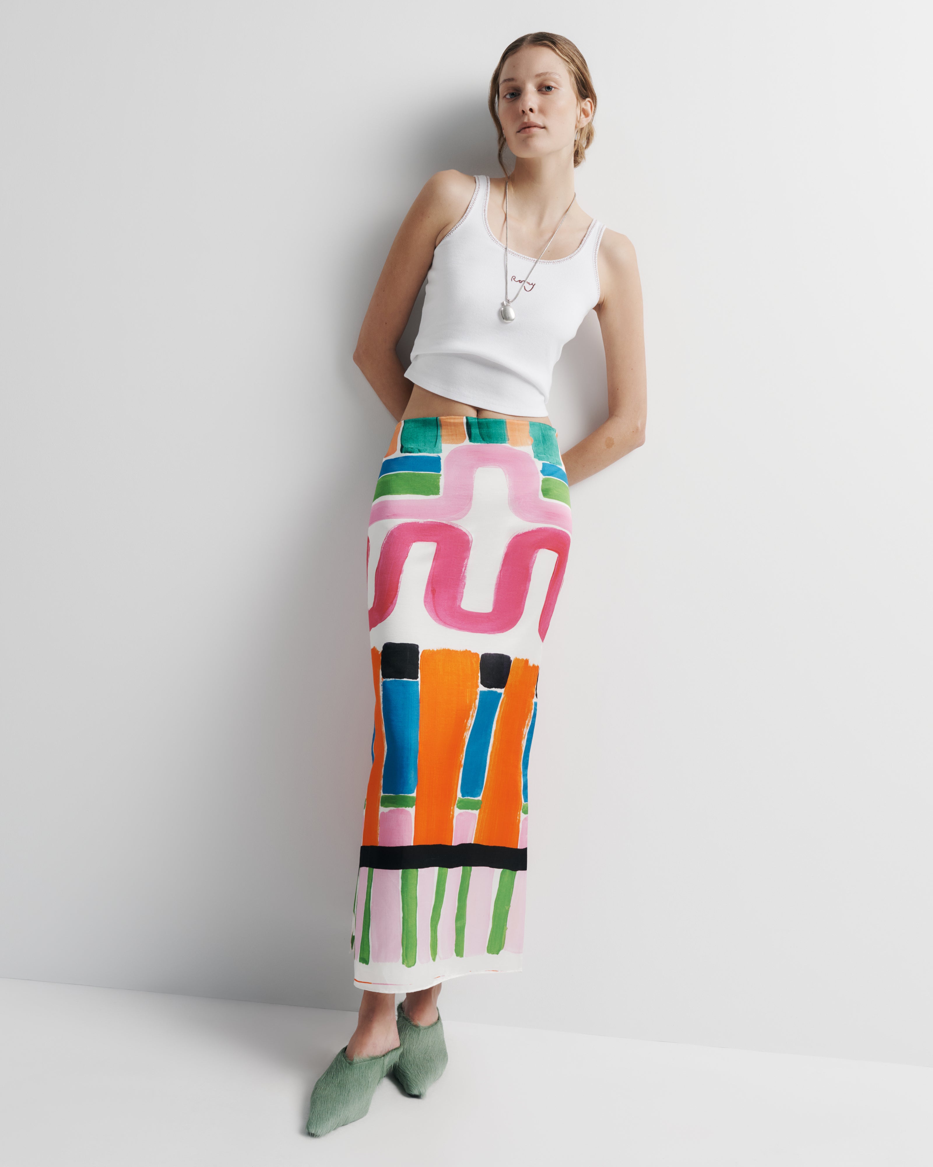 Olive Skirt – cotton–silk blend maxi skirt with back split and hand-painted Summer ’26 print by Romy The Brand