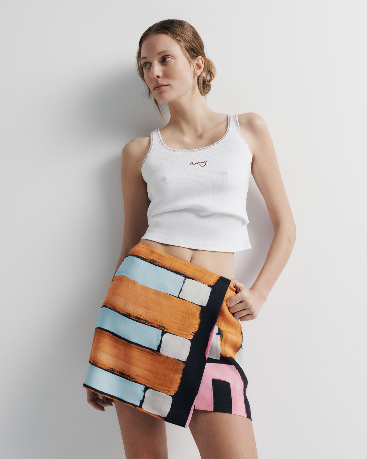 Xena Skirt – lined wrap mini skirt with invisible zip and hand-painted Summer ’26 print by Romy The Brand