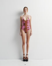 Ritual One Piece Swimsuit – halter full-brief swimsuit with beaded tie and hand-painted Summer ’26 print by Romy The Brand