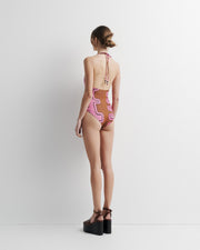 Ritual One Piece Swimsuit – halter full-brief swimsuit with beaded tie and hand-painted Summer ’26 print by Romy The Brand