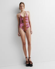 Ritual One Piece Swimsuit – halter full-brief swimsuit with beaded tie and hand-painted Summer ’26 print by Romy The Brand