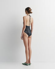 Ritual One Piece Swimsuit – halter full-brief swimsuit with beaded tie and hand-painted Summer ’26 print by Romy The Brand