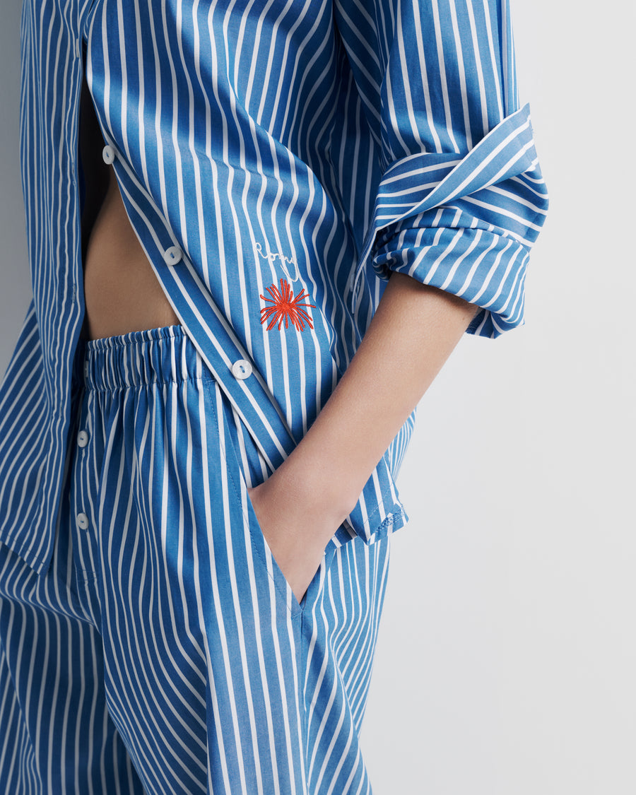 Tara Shirt – oversized 100% cotton shirt with high–low hem, oversized cuffs, and Romy embroidery by Romy The Brand