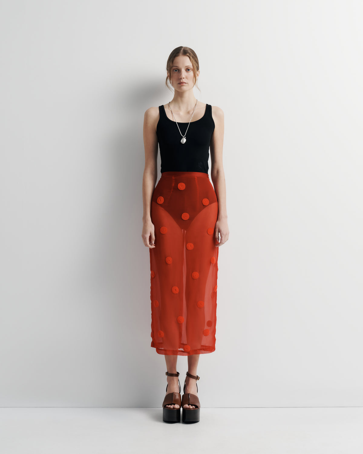 Sadie Skirt – fitted sheer midi with artisan beaded spots and back split by Romy The Brand
