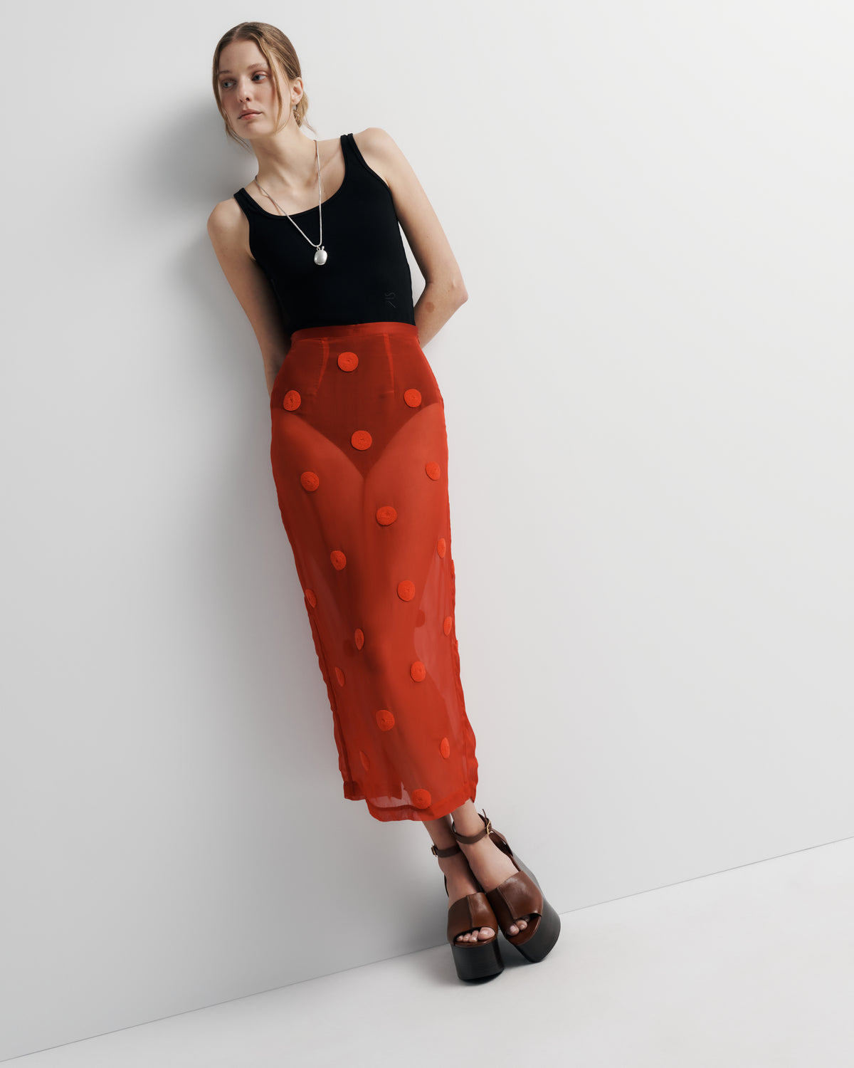 Sadie Skirt – fitted sheer midi with artisan beaded spots and back split by Romy The Brand