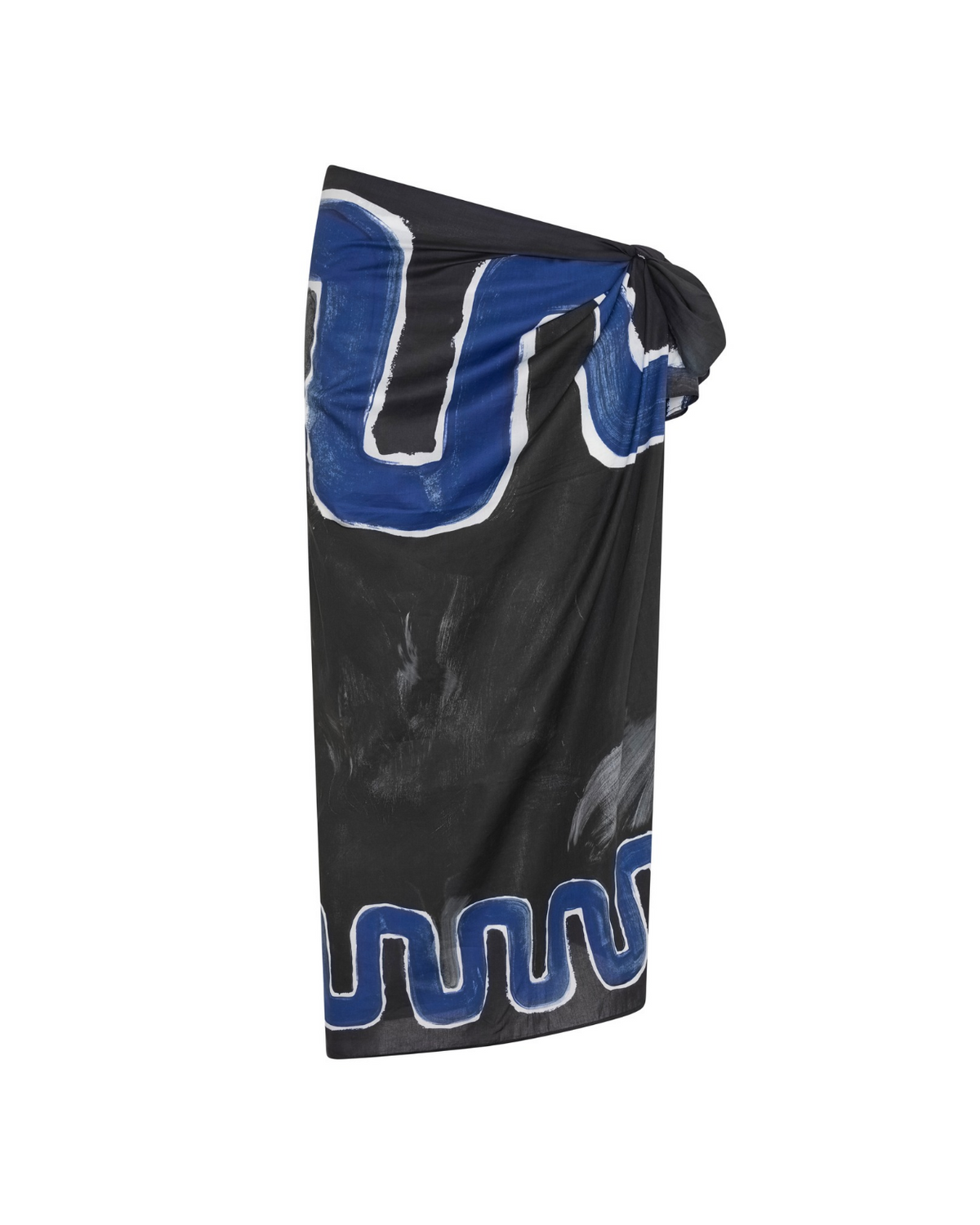 Ritual Sarong in black and blue print, flat folded view.