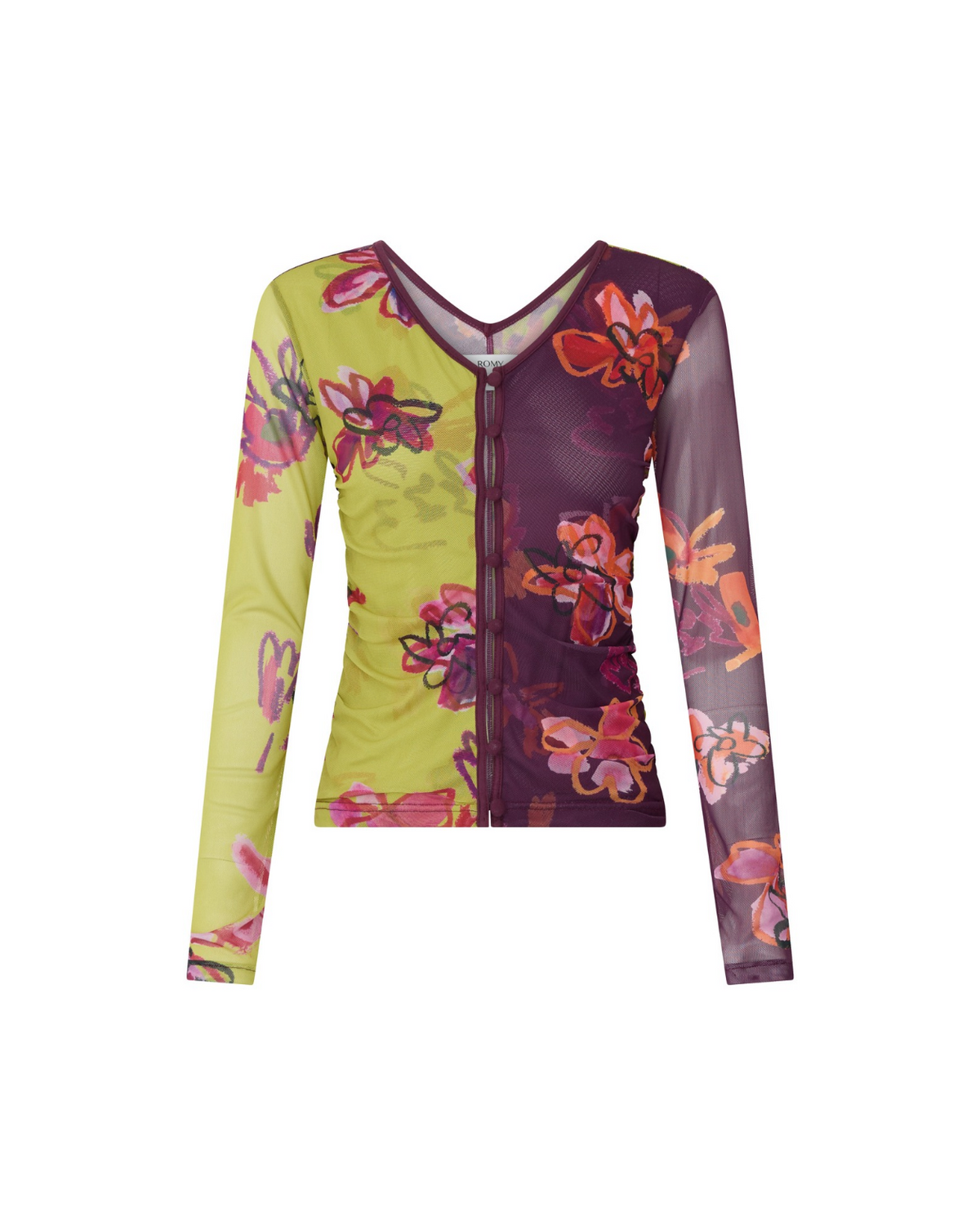 Faye Top in purple floral polyester mesh, flat front view.