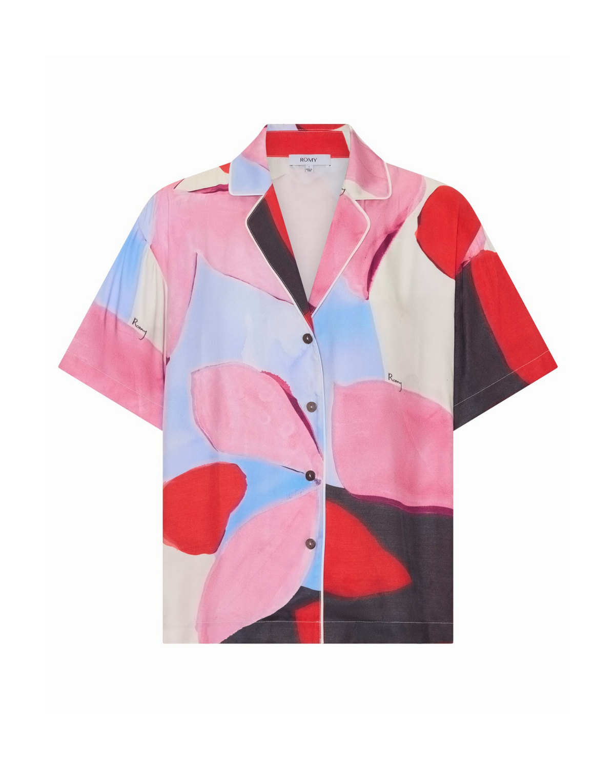 Reese Shirt in pink, red and black abstract print, flat front view.