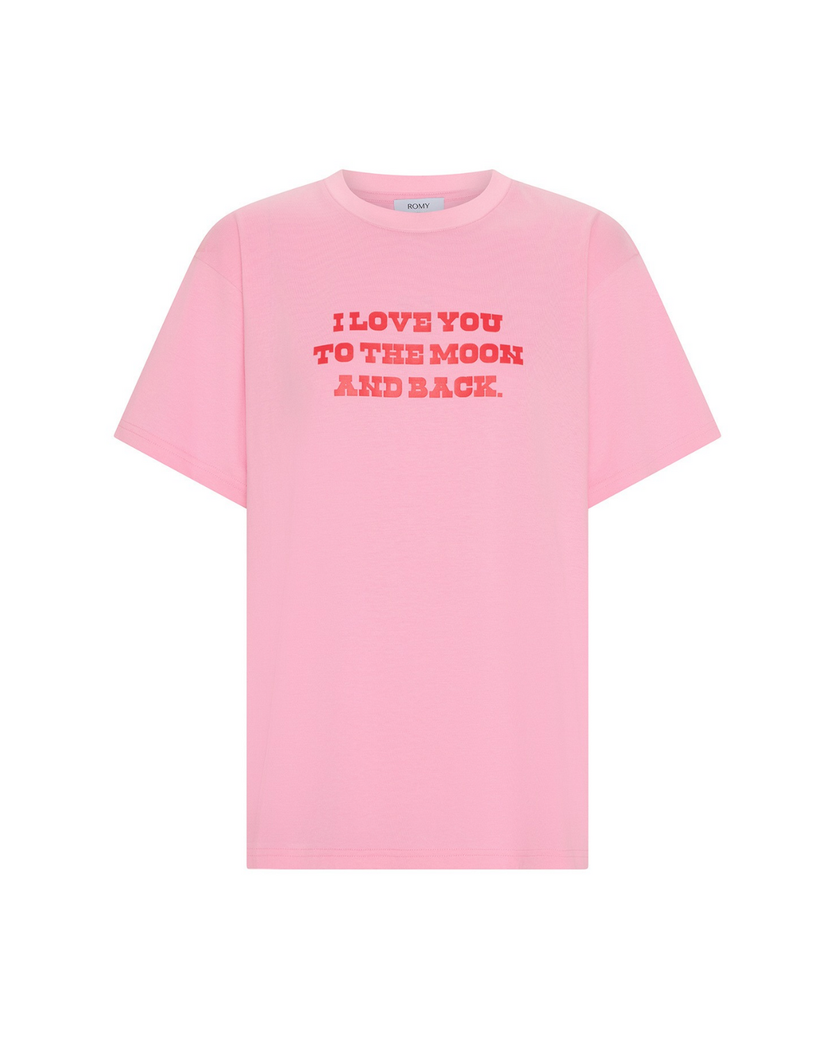 Love You To The Moon + Back Tee in pink, flat front view.