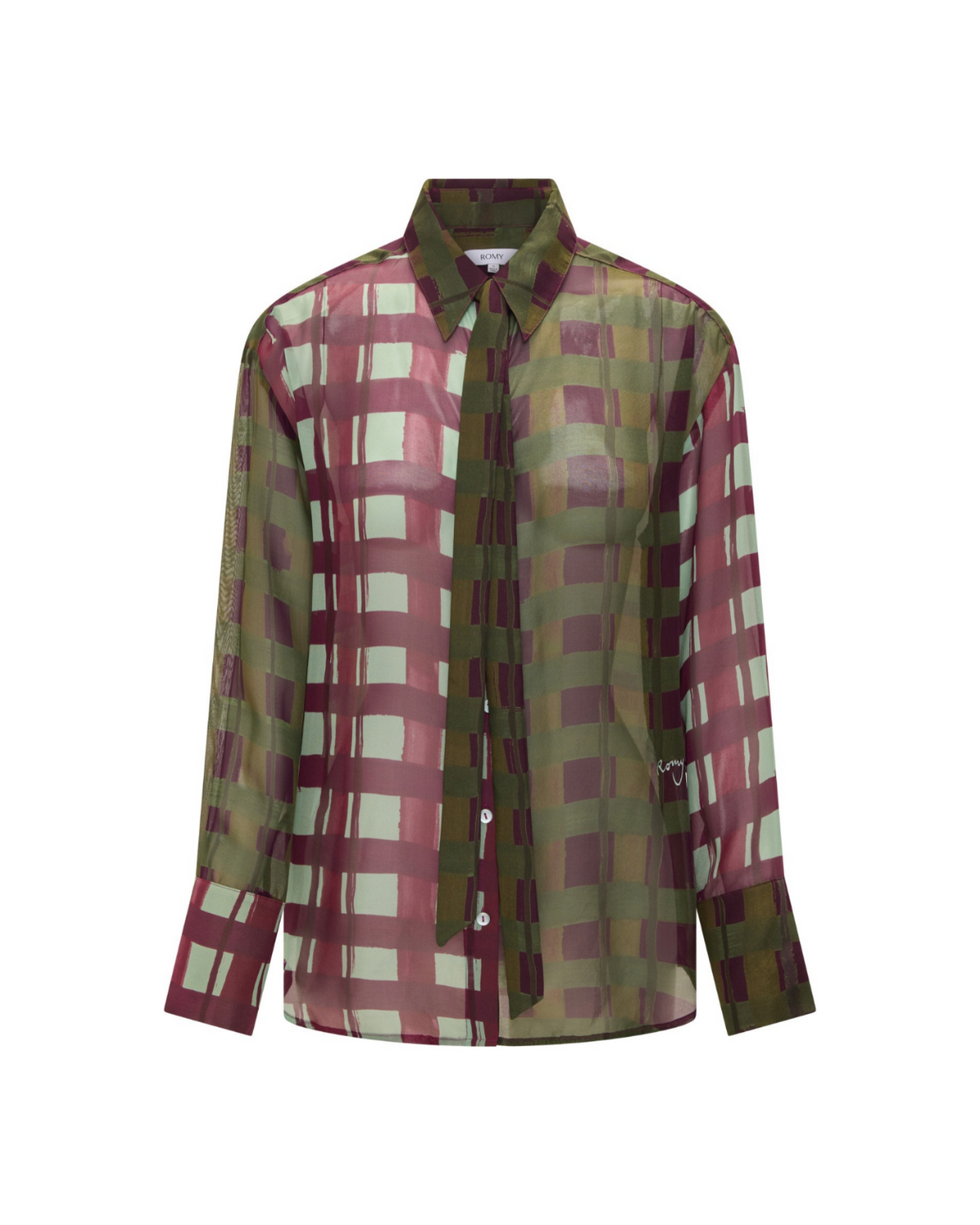 Ardent Shirt in check print silk chiffon, flat front view.