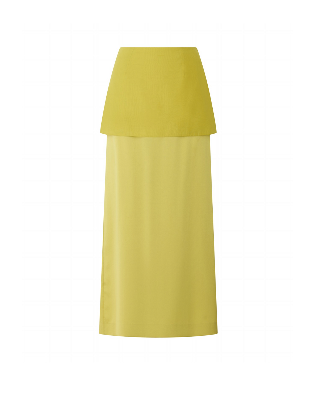 Lia Skirt in yellow silk, flat front view.