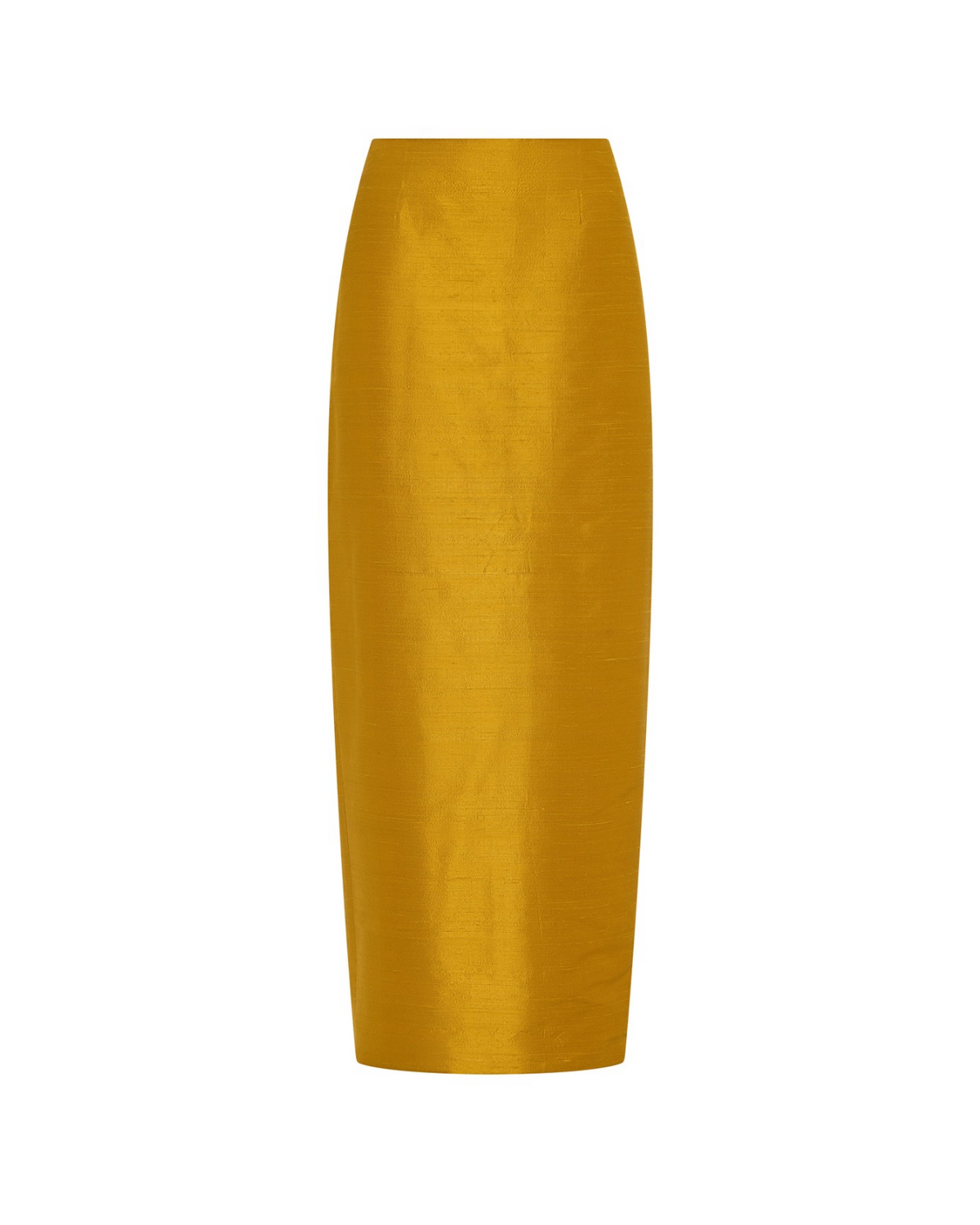 Veda Skirt in gold raw silk, flat front view.