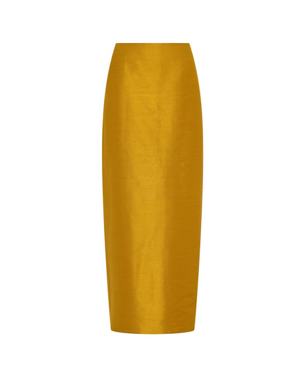 Veda Skirt in gold raw silk, flat front view.