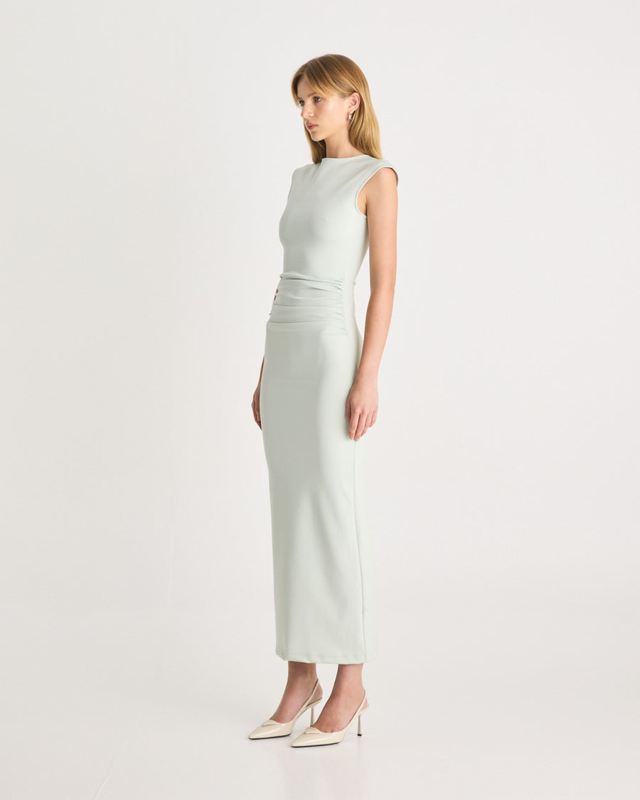 The Scuba Gathered Dress in Mint is a modern event silhouette, ready for your next occasion. It features a crew neckline, gathering through the body, a concealed zip, and a centre back split for ease of wear. Designed to be form-fitting, the Scuba Gathered Dress is crafted from our signature scuba. Shop online at Romy now with Afterpay and free express shipping available.