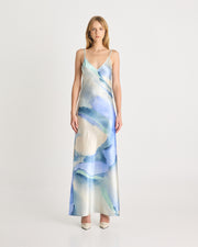 Crafted in a soft-satin fabrication, and in our exclusive print by Loralee Jade, the LJ Satin Maxi Dress is a classic style featuring a V neck, floor length hem and adjustable straps. Now available to shop at www.romythebrand.com