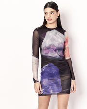 The Gemstone Long Sleeve Mesh Mini Dress is a flattering, figure-hugging silhouette. It is crafted from ultra-soft mesh fabrication that is opaque through the body and sheer through the arms in the opulent Gemstone Print, designed exclusively for Romy. Print placement will vary. Now available at Romy. 