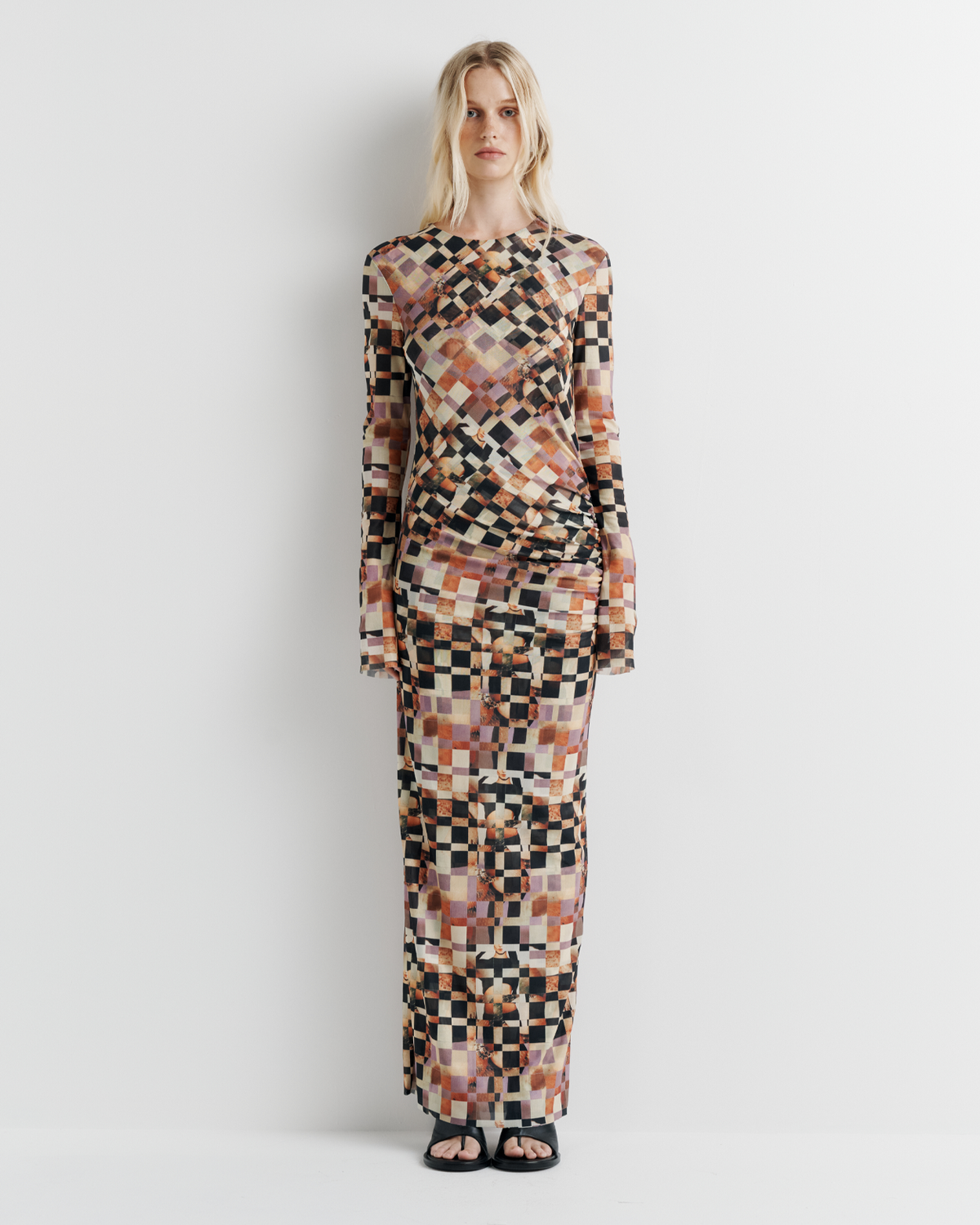 Clara Mesh Dress in collage print, front view on model.