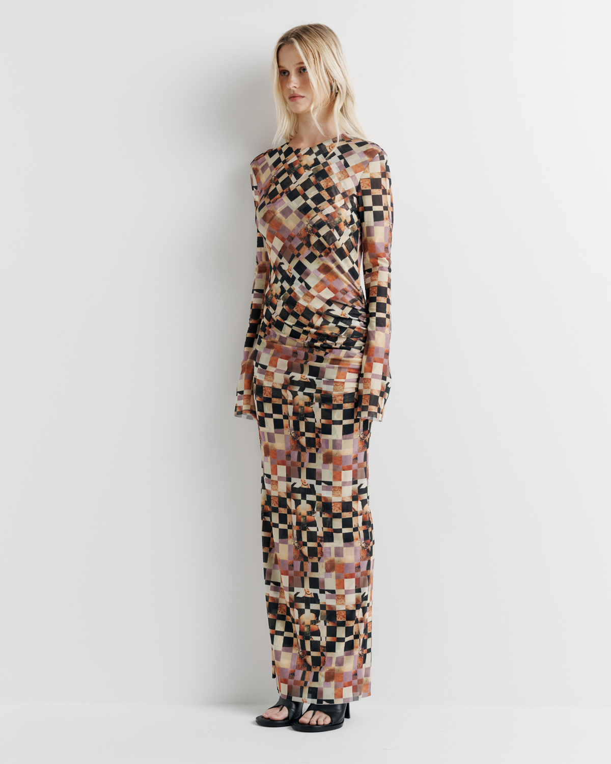 Clara Mesh Dress in collage print, three-quarter view on model.