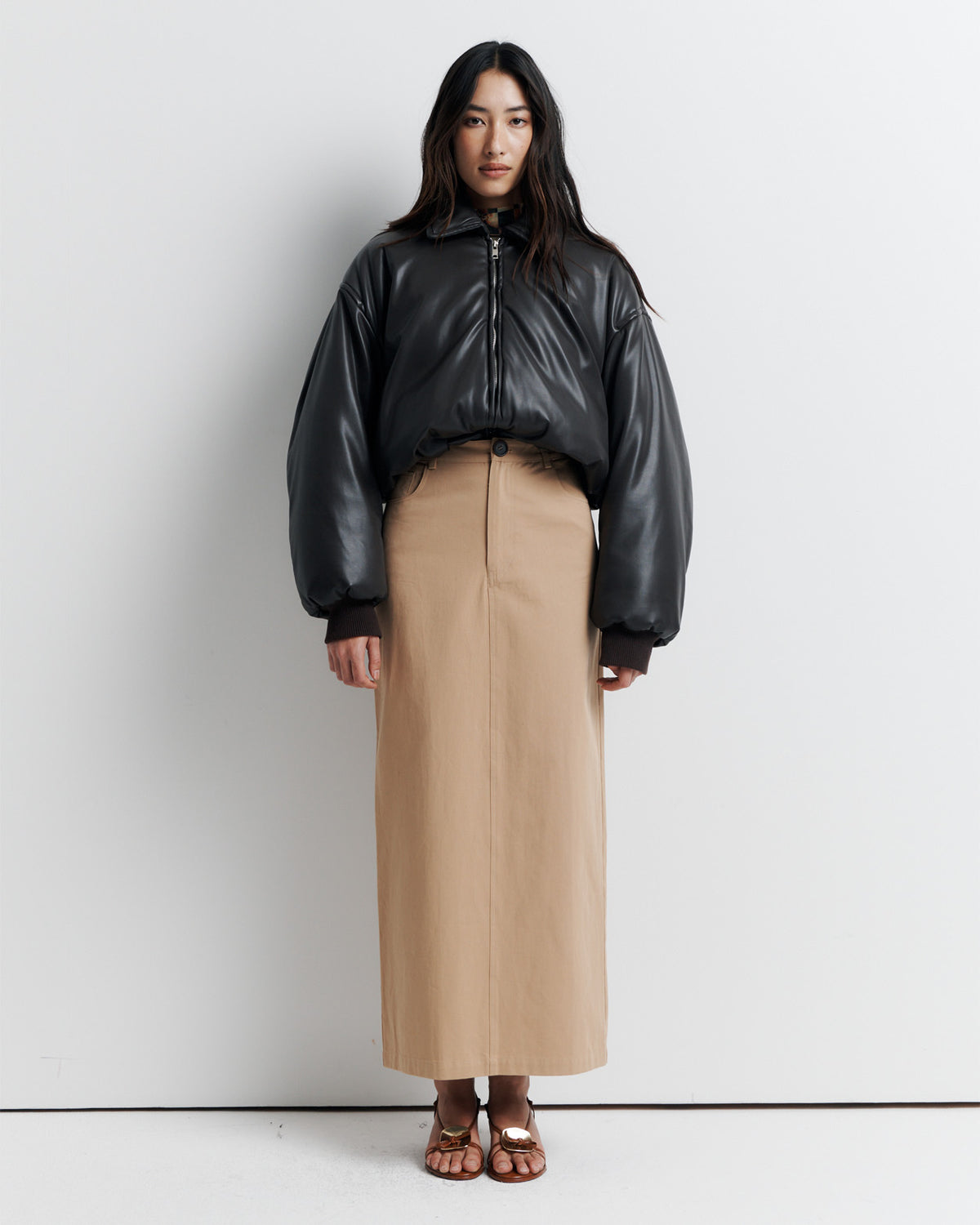 Padded Bomber Jacket in chocolate faux leather, front view on model.