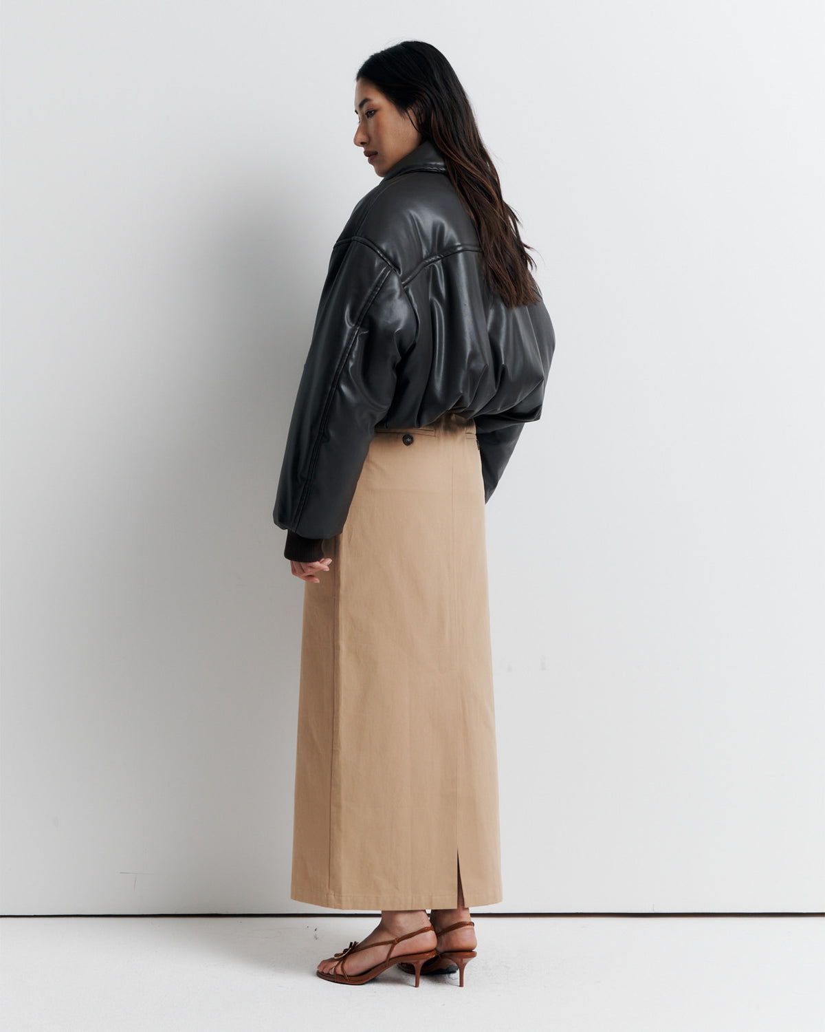 Padded Bomber Jacket in Brown, faux leather, back view.