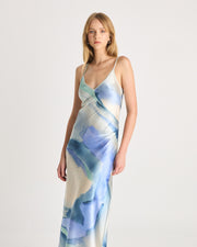 Crafted in a soft-satin fabrication, and in our exclusive print by Loralee Jade, the LJ Satin Maxi Dress is a classic style featuring a V neck, floor length hem and adjustable straps. Now available to shop at www.romythebrand.com