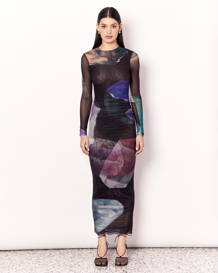 Gemstone Long Sleeve Mesh Maxi Dress | Gemstone Print