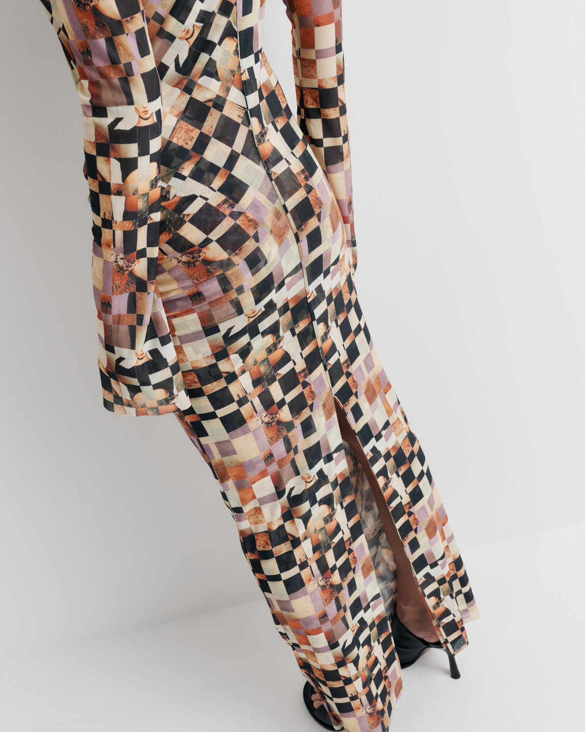 Clara Mesh Dress in collage print, print detail at the hem.