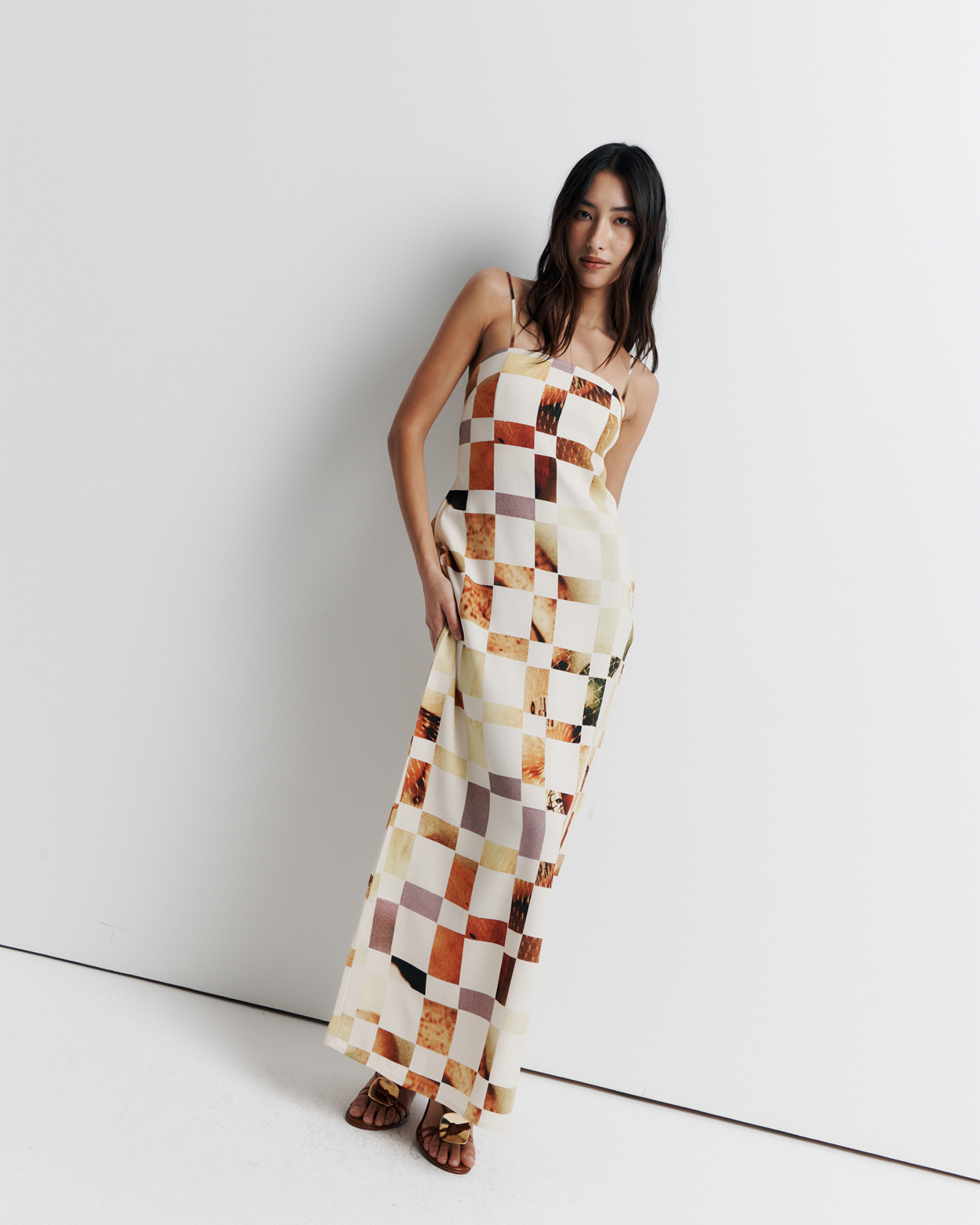 The Rochelle Dress – A sleek column silhouette with a straight neckline, rouleau straps, and internal bustier support. Features exclusive artwork by Phoebe Willis. Shop now!