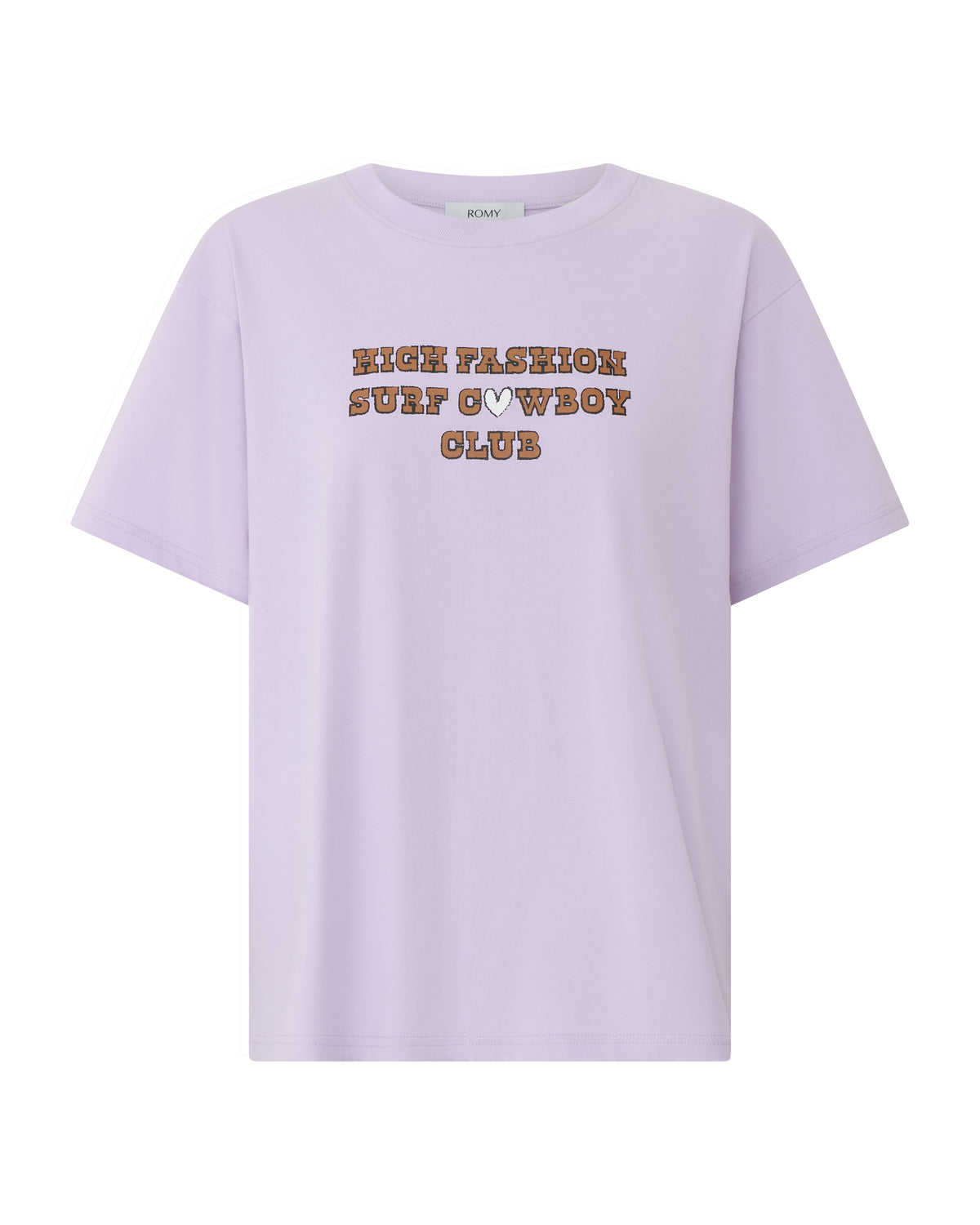 Cowboy Club Tee in lilac, flat front view.