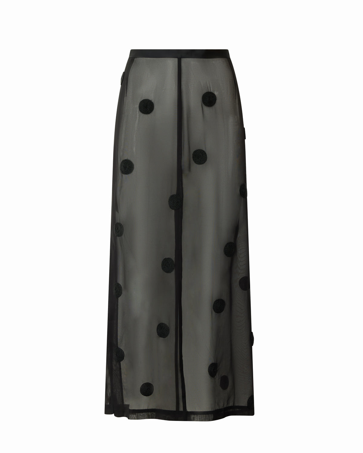 Sadie Skirt in black with hand beading, flat front view.