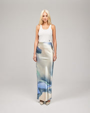 Crafted in a soft-satin fabrication, and in our exclusive print by Loralee Jade, the LJ Satin Maxi Skirt combines classical draping with a soft, pastell print. This floor length silhouette features an elastic waistband, concealed centre-back zip closure and a low waist. Now available at romythebrand.com