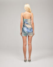 The LJ Mini Dress is made from our signature mesh fabrication in our exclusive print by Loralee Jade. This fun and flattering mini features gathering detail across the body, concealed centre-back zip closure, adjustable straps and raw hem. Now available to shop at www.romythebrand.com