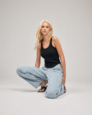 Classic straight-leg jean in vintage black denim with high rise