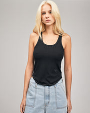 Signature Tank in Black, a sleeveless top with a round neckline and a fitted silhouette, perfect for a casual yet stylish look